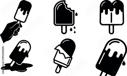 Flat design popsicle icon set six black minimal vector illustrations hand held melting bitten dripping close up studio style isolated
