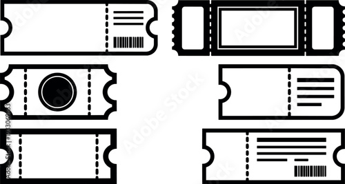 Flat design black and white ticket icon set with perforated edges and barcode variations for event admission and printable layout
