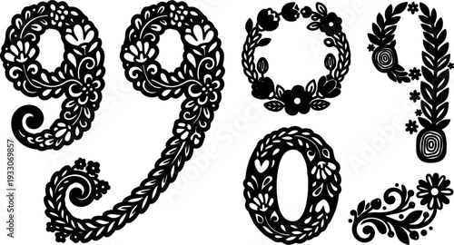 Folk art decorative floral numbers and wreaths vector art black silhouettes ornate nine zero close up top view hand drawn