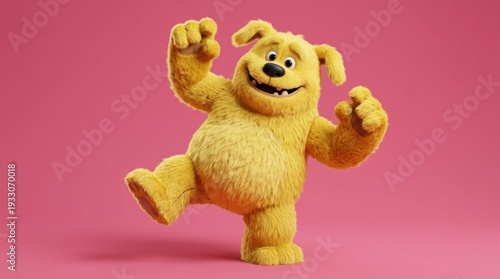 Happy Yellow Teddy Bear Dancing on Pink Background.