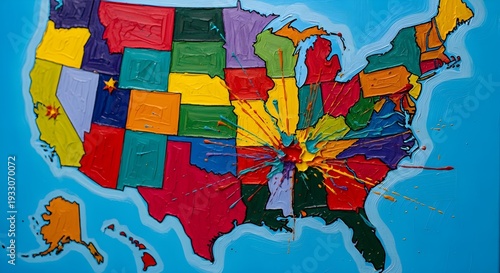 A vibrant illustration of a map of the United States displays various colored states connected by lines from a central point.