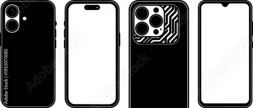 Flat design front and back smartphone silhouettes in line art showing triple camera module and notch multiple side angles close