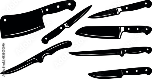 Flat silhouette vector art of seven kitchen knives arranged top view close up black chef cleaver carving boning paring utility