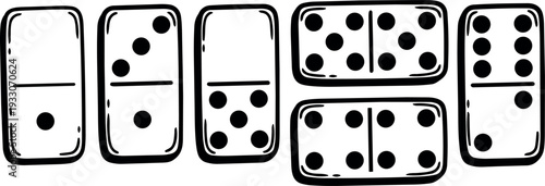 Line art vector hand drawn domino tiles close up arranged in a row showing different pips values overhead view playful