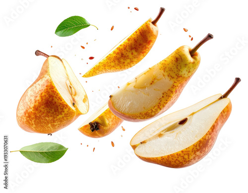 Sliced juicy pears with green leaves in motion