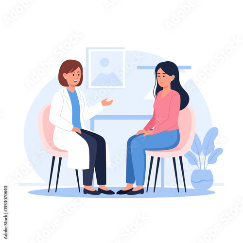 Doctor consulting with patient in a modern office, discussing health and well-being