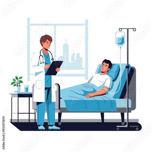 Doctor Consults Patient in Hospital Bed with IV Drip