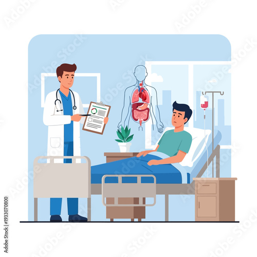 Doctor Explains Medical Chart to Patient in Hospital Bed with Anatomical Chart