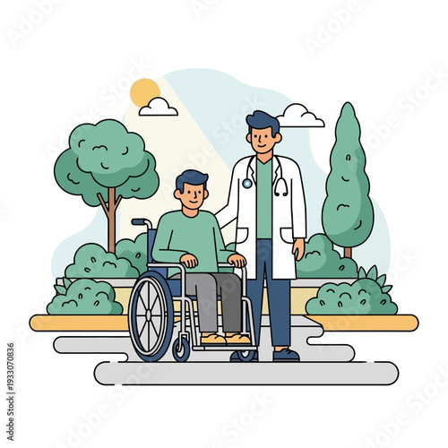 Doctor helping patient in wheelchair outdoors, rehabilitation and care concept