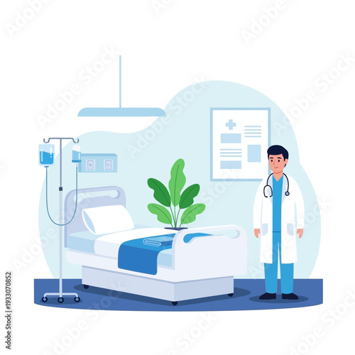 Doctor in hospital room with patient bed and IV drip, medical care concept