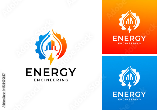 vector logo design of gear icon with fire and building, construction and industry logo