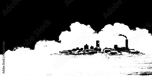 High contrast stencil art of winter breath vapor in urban skyline