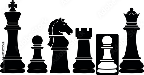 Flat design close up row black chess piece silhouettes with knight rook pawn king queen side view studio minimalist graphic