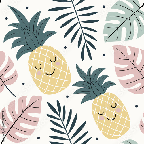 Cute Tropical Fruit and Leaf Vector Pattern for Kids Fabric