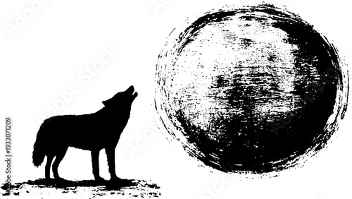 Wolf howling at circular portal in high contrast black and white ink art