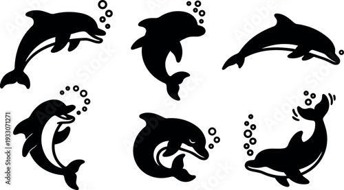 Minimalist icon set of six playful dolphin silhouettes with bubbles various poses side view and curled swimming motion vector black