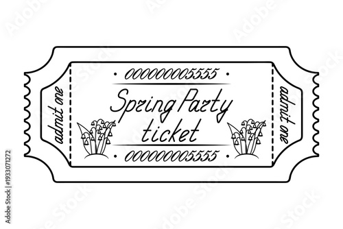 Spring party ticket. Ticket admit one. Lily of the valley flower decoration. Handwritten cursive lettering. Vector illustration. Tear-off ticket with number. Doodle style. 