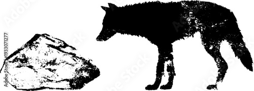 Wolf and crystal shard high contrast black and white ink silhouette design for posters and cards