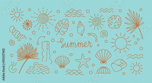 Charming hand drawn summer doodles featuring tropical leaves shells sun and waves on a turquoise background