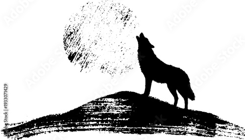 Majestic wolf howling at shattered halo moon in high contrast black and white ink art