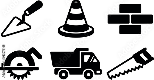 Flat design close up construction icon set showing trowel traffic cone brick wall circular saw dump truck handsaw in black