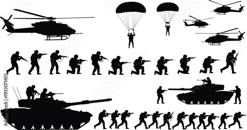 Silhouette illustration of military operations showing helicopters, parachuting soldiers, tanks, and infantry in combat stances, symbolizing defense, war, army equipment, and warfare design concept