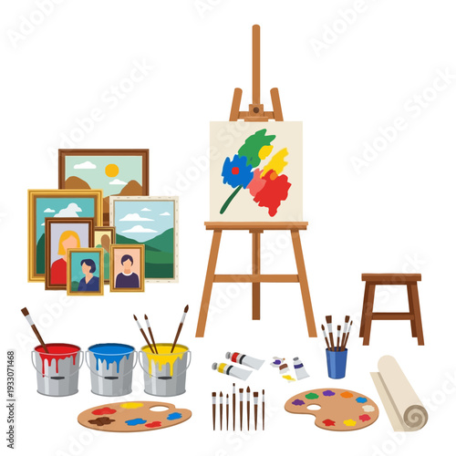 Artist's studio with easel, paints, brushes, and framed artwork