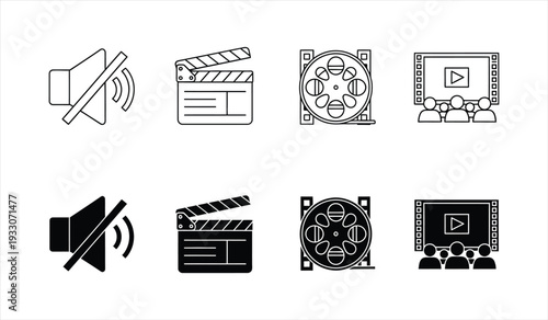 set of eight cinema and video icons, including mute, clapperboard, film reel, and audience watching film