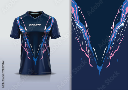 T-shirt mockup abstract texture grunge sport jersey design for football, soccer, racing, esports, running, pink blue navy color