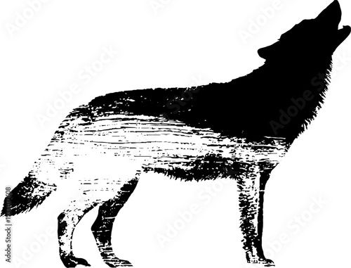 Wolf silhouette with vertical line pattern in high contrast black and white