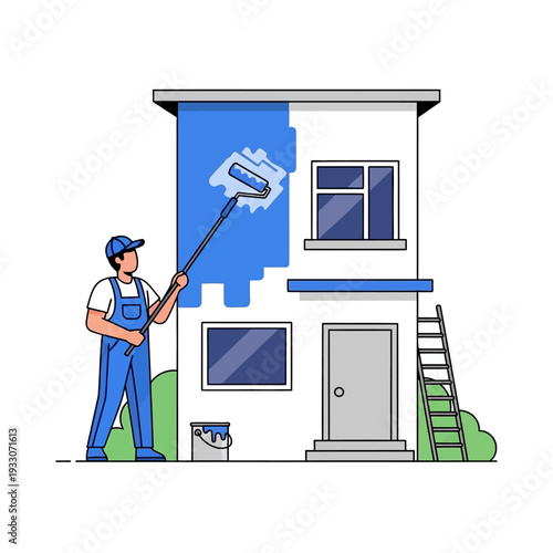 Painter applying blue paint to a house exterior with a roller