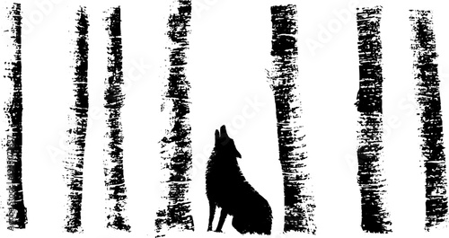 Wolf silhouette with vertical line pattern in forest design for art projects
