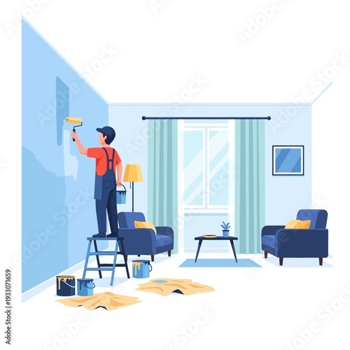 Painter Renovating Living Room Interior, Painting Blue Walls with Roller