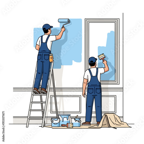 Painters in blue overalls painting a wall with light blue color using roller and brush