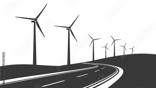 Wind turbines on a hillside with a winding road in the foreground Vector