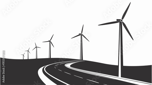 Wind turbines standing tall on a winding road in a black and white landscape Vector