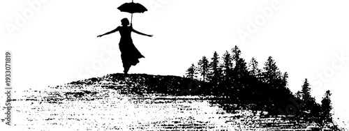 Elegant woman with umbrella silhouette on landscape, perfect for retro artwork and design