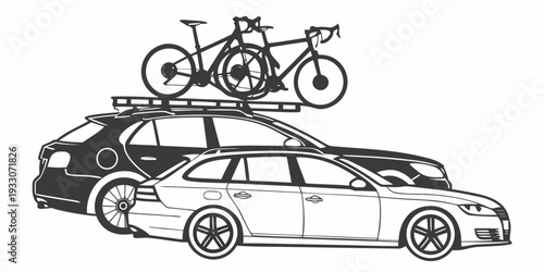 Car with bicycles and luggage on roof rack driving on a road Vector