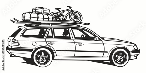 A vintage car with luggage and a surfboard on its roof parked on a street Vector