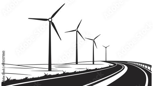 Wind turbines standing tall on a winding road in a scenic landscape Vector