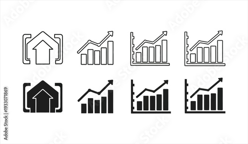 Set of graphic charts with upward arrow and house icon showing growth and progress