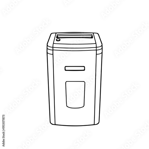 Minimalist black line art illustration of a compact vertical paper shredder, ideal for office equipment catalogs, presentations, and product design mockups on a clean white background