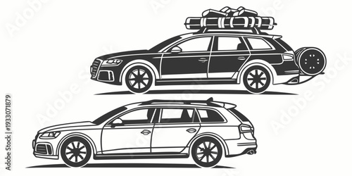 Two cars parked in a lot, one with a luggage rack on top Vector