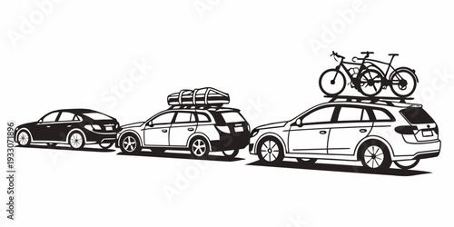 A lineup of various vehicles including cars, trucks, and a motorcycle. Vector