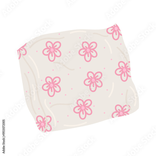 Cozy pillow with pink flowers print for sleeping in flat cartoon design. Girly aesthetic accessory for comfy bedtime, sleep routine and night relaxation in comfort. Vector illustration isolated.