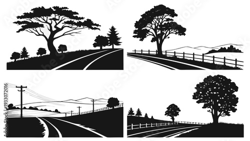 Four distinct scenes showcasing nature and infrastructure in black and white. Vector