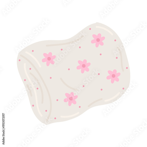 Cozy pillow with pink flowers print for sleeping in flat cartoon design. Girly aesthetic accessory for comfy bedtime, sleep routine and night relaxation in comfort. Vector illustration isolated.