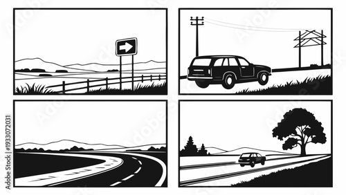 A journey through diverse landscapes and weather conditions in a car. Vector