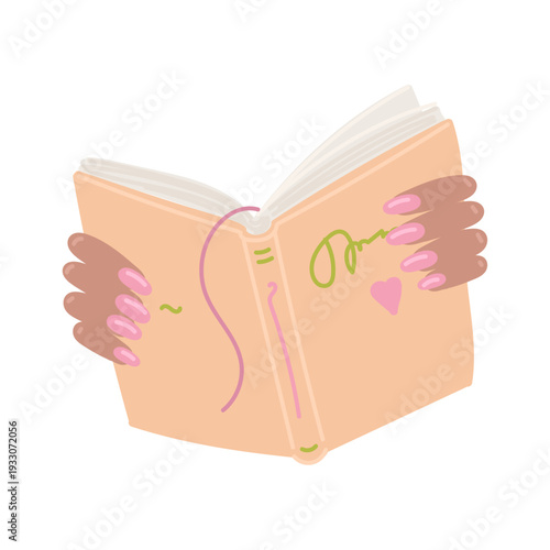 Woman reading book in flat cartoon design. African american female hands with polish nails holding open book. Bookworm pastime with romantic story or fiction novel. Vector illustration isolated.