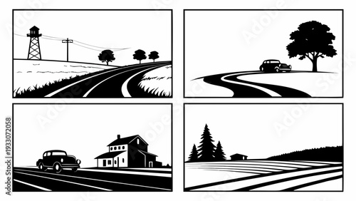 Illustrations of various agricultural scenes and farming activities Vector